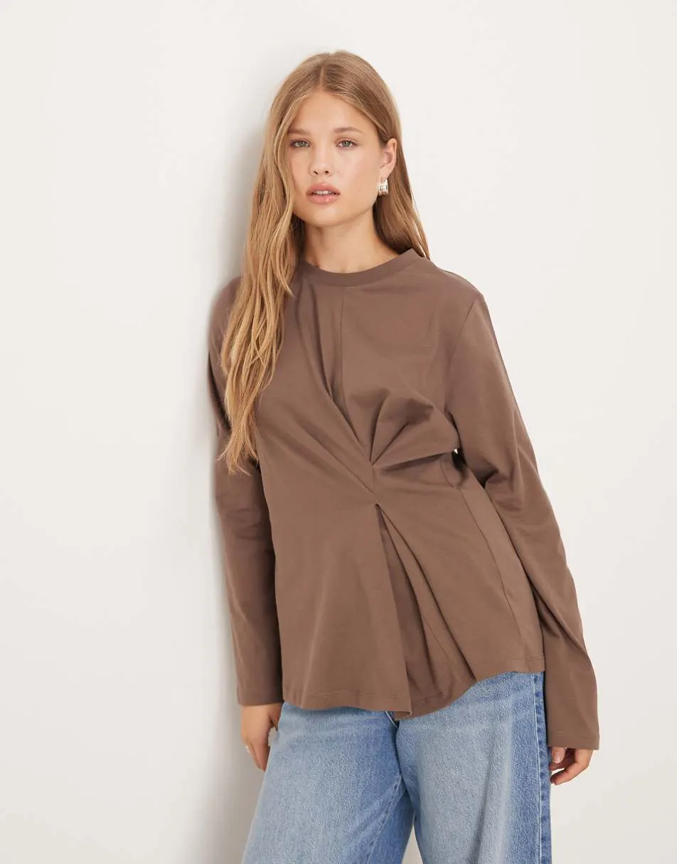 ASOS DESIGN tuck detail long sleeve tee in chocolate