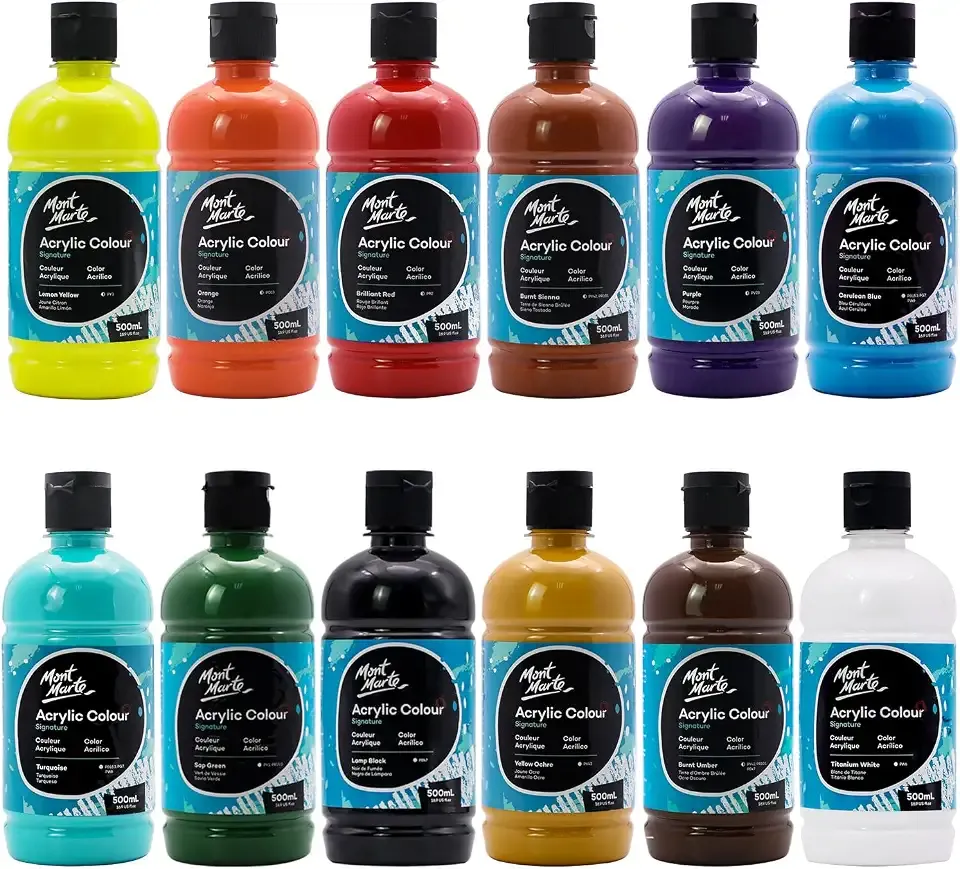 Mont Marte Signature Basic Color Acrylic Paint Set, 16.9oz (500ml), Semi-Matte Finish,Suitable for Canvas, Wood, Fabric, Leather, Cardboard, Paper, MDF and Crafts