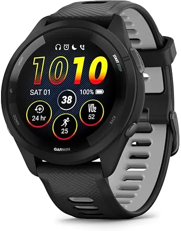 Garmin Forerunner® 265, Running Smartwatch, 46mm, Black/Powder Gray | Advanced Training Metrics & Recovery Insights, Music On Your Wrist, Garmin Coach, Daily Suggested Workouts