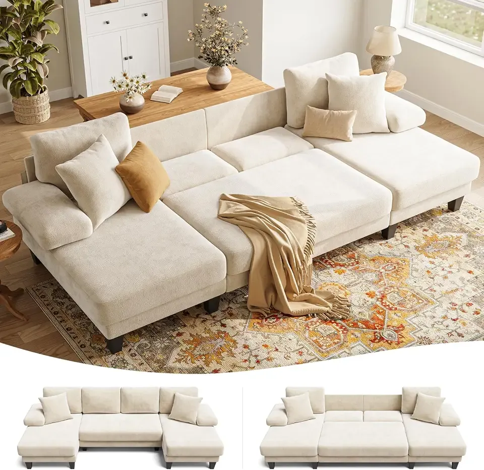 Sleeper Sofa with Pull Out Couch Bed | 112 Inch Couches for Living Room | U-Shaped Convertible Sofa Bed | Chenille Warm White