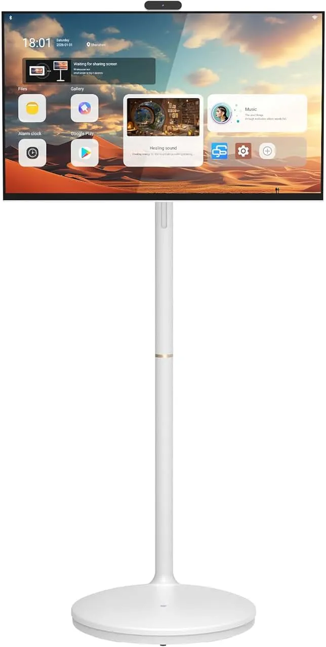 Cugima 27" FHD Smart Portable TV, Rolling TV on Wheels, Anti-Glare Touchscreen Monitor, Rechargeable Battery, Full Swivel Rotation, 20W Speakers, Snap-on Camera