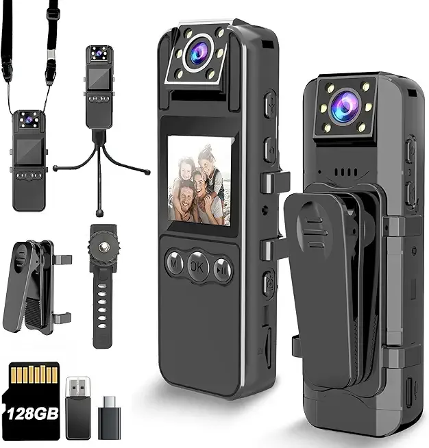 Body Camera with Audio and Video Recording, HD 1080P Body Cam with 180° Rotating Lens, 6HR Battery, IR Cut Auto Night Vision, 128GB Body Worn Camcorder, for Personal Civilians, Police Law Enforcement