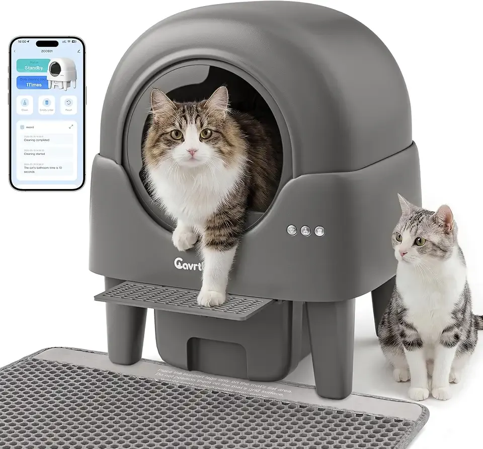 Automatic Litter Box, Self Cleaning Litter Box with APP Control, Large Capacity Cat Robot for Multiple Cats, 5 Safety Sensors, 3-Minute Assembly, with Trash Bags, Litter Mat, Step
