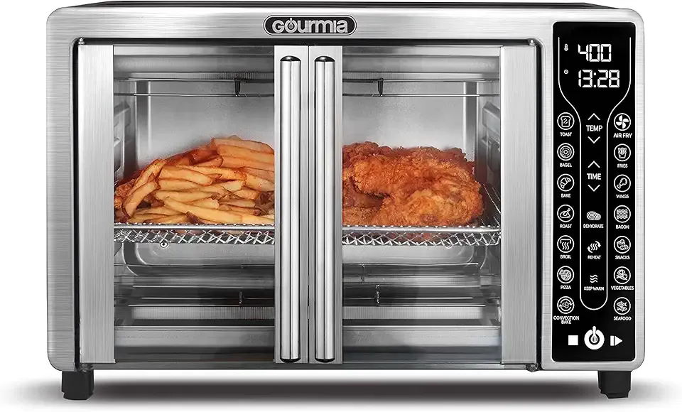 Gourmia French Door Air Fryer – 25 Qt Large Capacity Convection Oven, Fryfroce 360°, Digital Display with 17 Cooking Presets, Bake, Toast, Roast, Dehydrate, Fits 12” Pizza