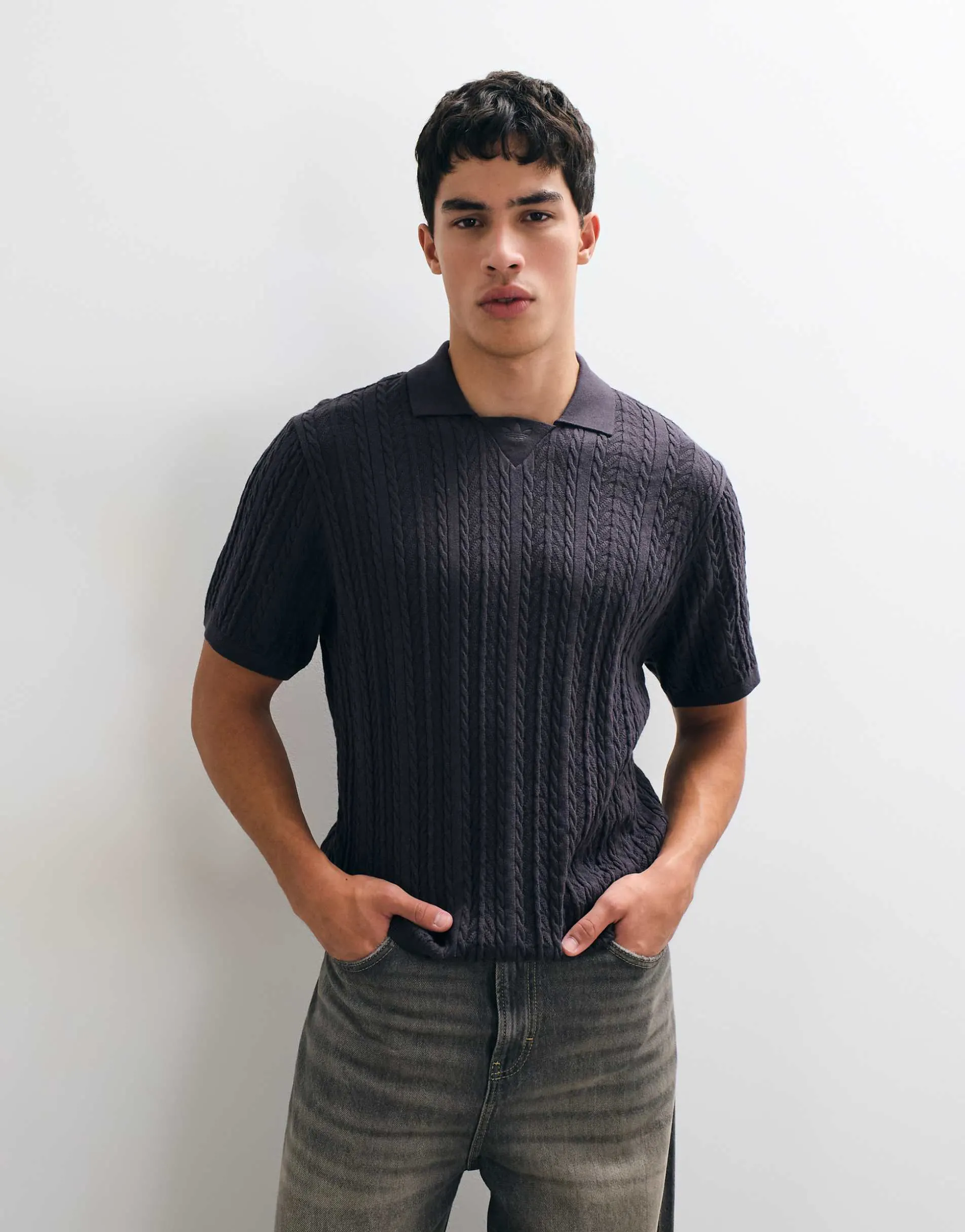 adidas Originals cable knit polo in black