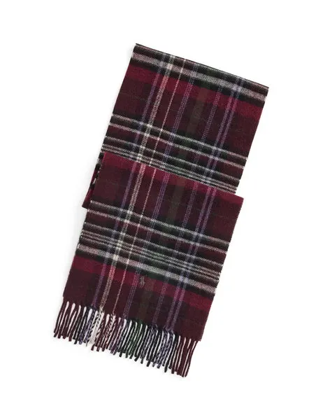 Tartan Fringe Wool Scarf Wine Multi