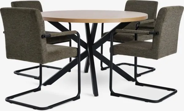 NORTOFT + ESPE NORTOFT Ø120 tafel warm eiken + 4 ESPE stoelen olijf/zwart