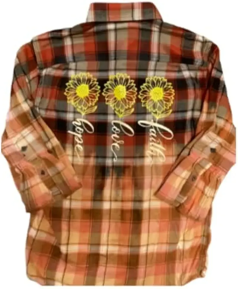 Daisies with Stems Hope Love Faith Distressed Flannel Shirt Mystery Color Hand-Dyed Flannel