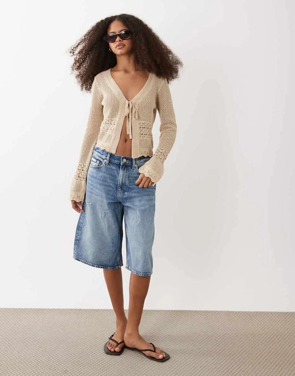 Brave Soul tie front crochet knit cardigan with flared sleeves in stone