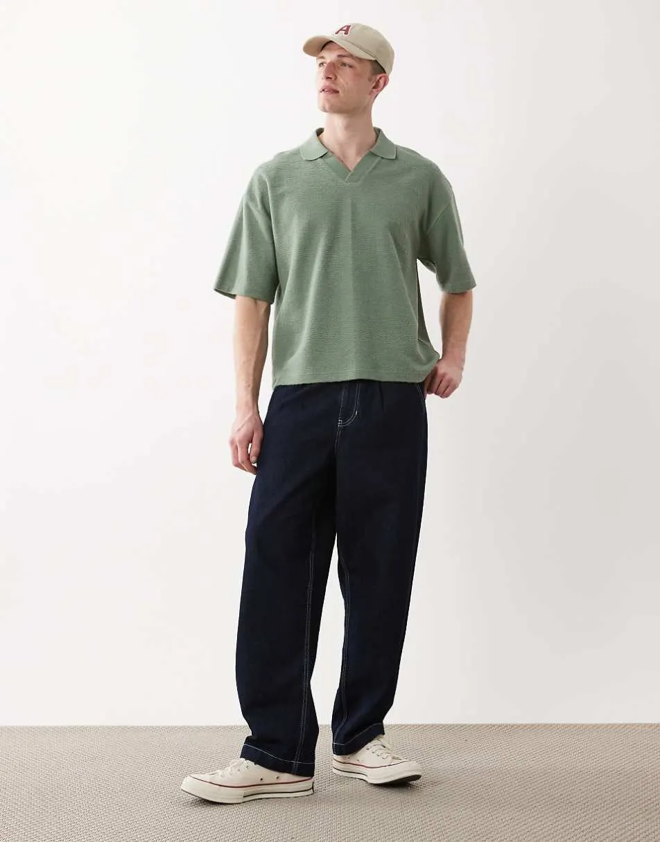 ASOS DESIGN super heavyweight boxy oversized polo in green texture