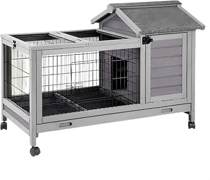Wooden Rabbit Hutch Indoor and Outdoor, Rabbit Cage with Removable Wire Netting and Leak Proof Tray, Mobile Bunny Cage with Wheels (Grey) Wooden Rabbit Hutch Indoor and Outdoor, Rabbit Cage wit…