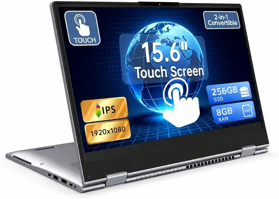 15.6" Yoga 2-in-1 Touchscreen Laptop Computer, AMD A9 Processor up to 3.2GHz, 8GB RAM 256GB SSD, Convertible Notebook with IPS FHD Display, USB-C, WiFi, Win11 Laptop for Work, Study & Home