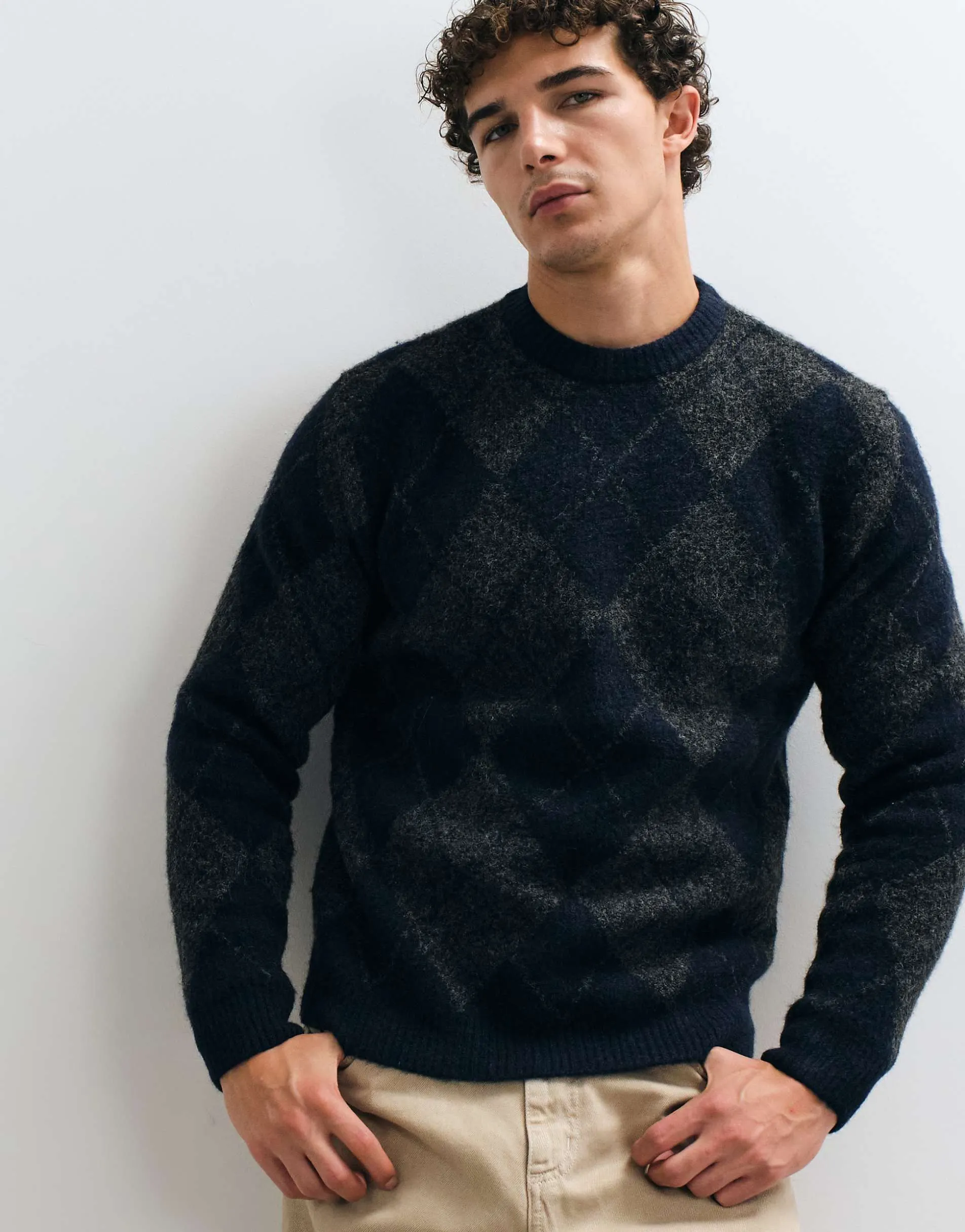 Jack & Jones premium ribbed knit arygle jumper in navy
