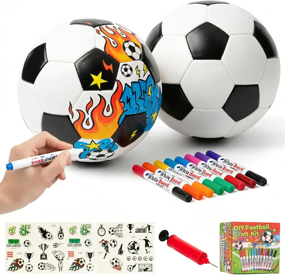 2-Pack Color Your Own Soccer Balls - DIY Custom Soccer Ball Kit with Pump, 12 Markers & 5 Soccer Stickers - Personalized Youth Training Paint-Your-Own Size 3 Soccer Gift