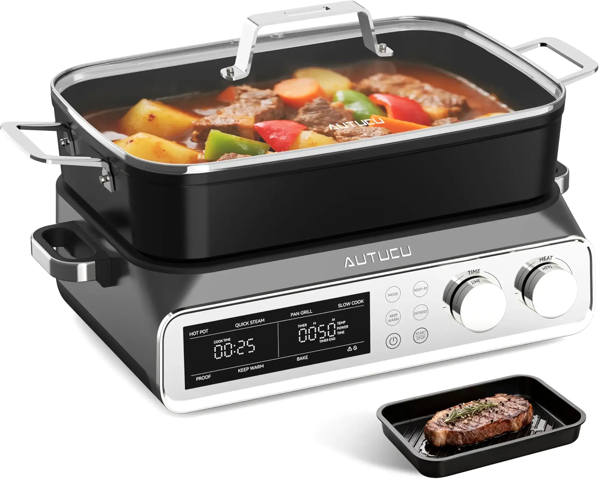 N21NA Pro Slow Cooker 10 Quart, 8-in-1 Programmable PFOA-Free Ceramic Coated Multi-Cooker with Grill Pan, Steaming Plate (Includes Silicone Spoon & Tongs)