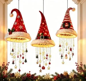 Las lámparas de araña con forma de gorro de Papá Noel (juego de 3, pilas no incluidas) son adecuadas para porches, patios y decoración de techos.