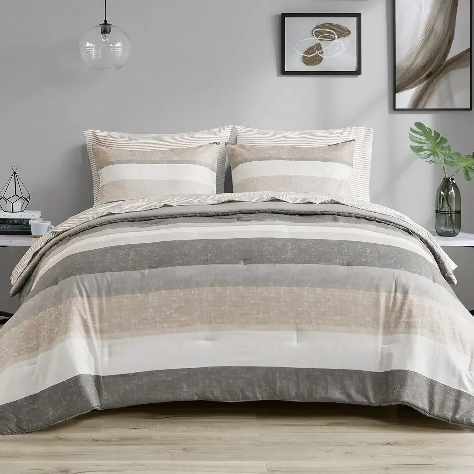 Madison Park Essentials King Comforter Set, Bed in A Bag Comforter & Sheet Set, Modern Casual Stripes Print, All Seasons, Soft Microfiber Bedding Makeover, Matching Shams, King Taupe/Grey 7 Piece