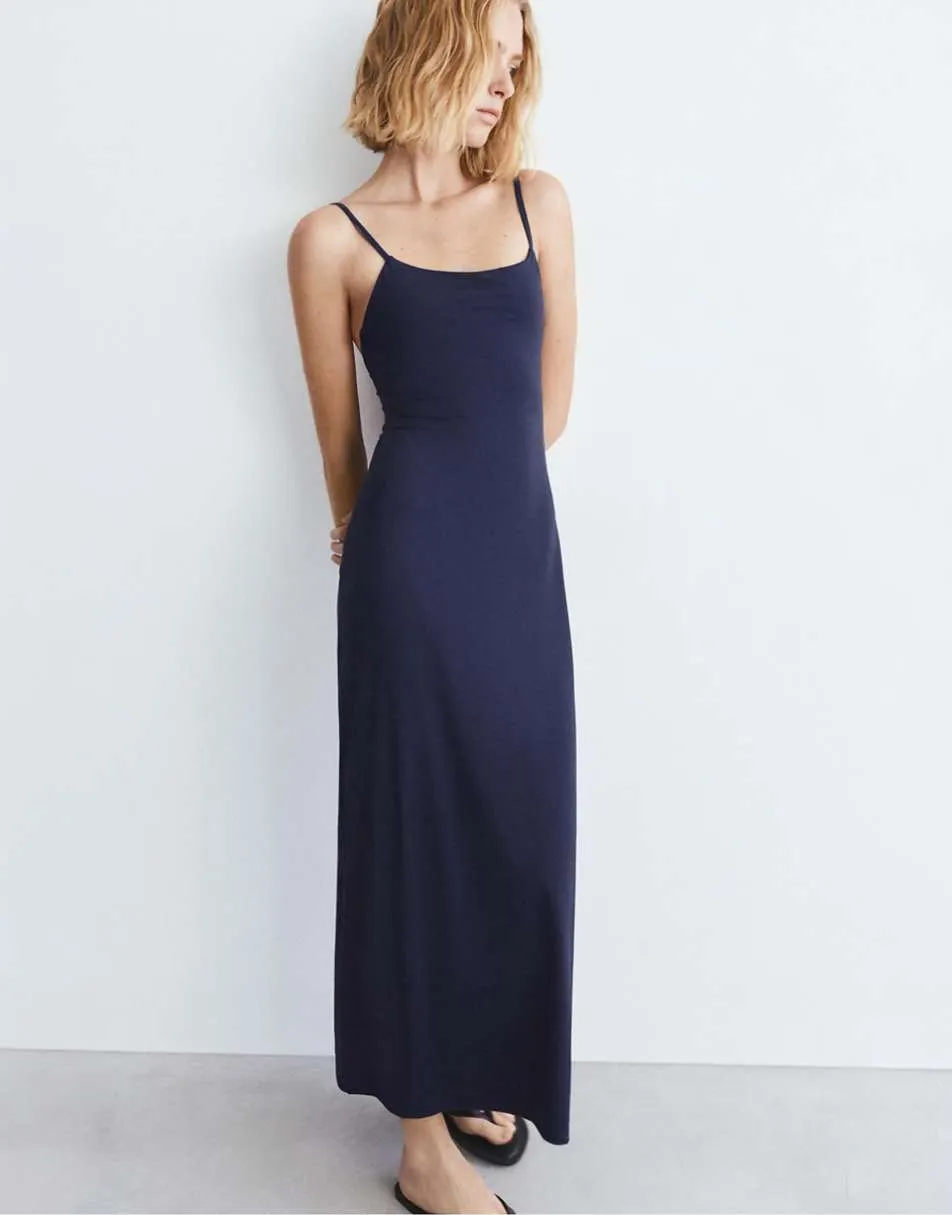 Pull&Bear Polyamide strappy midi dress in navy