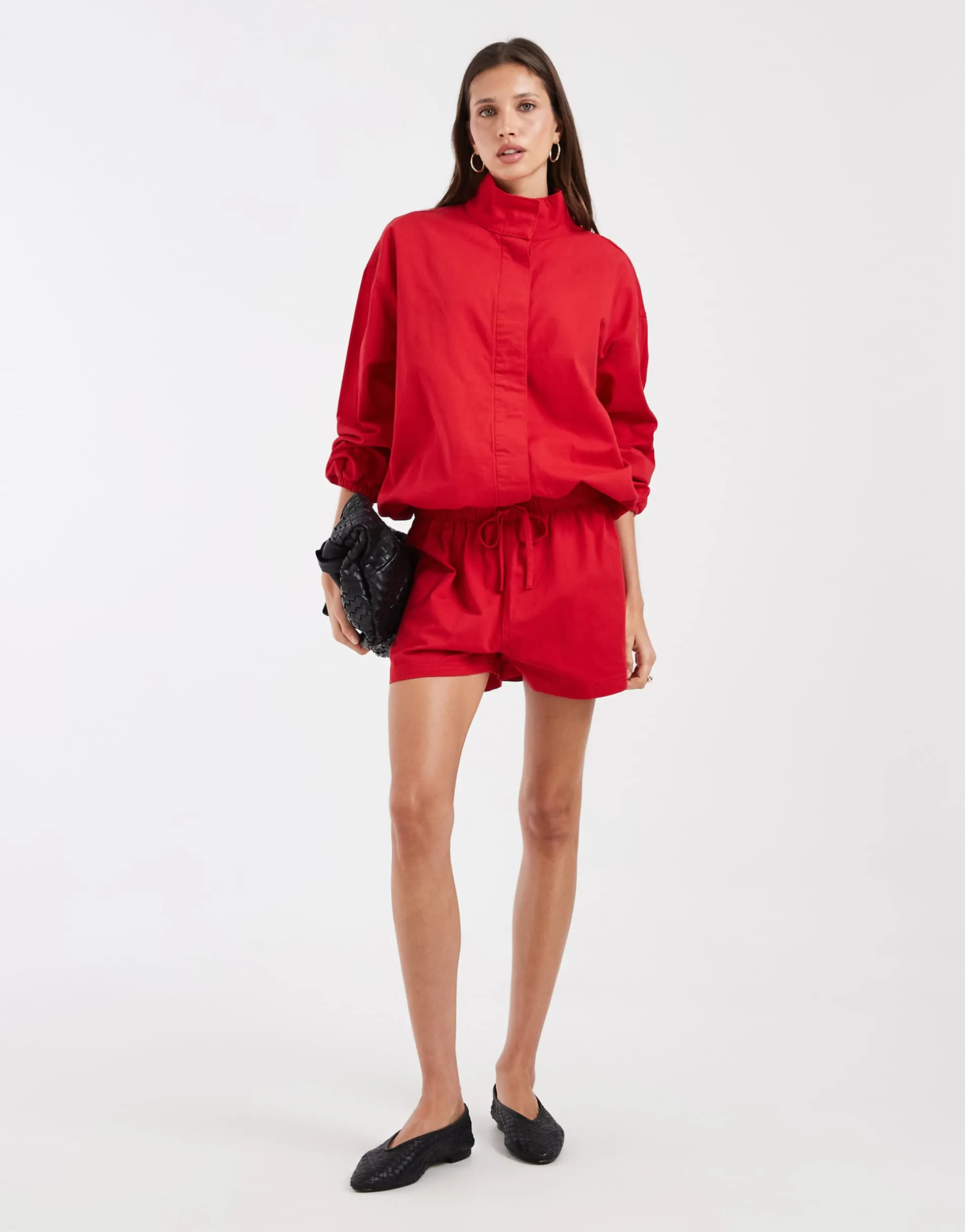 ASOS DESIGN funnel neck denim jacket in red co-ord