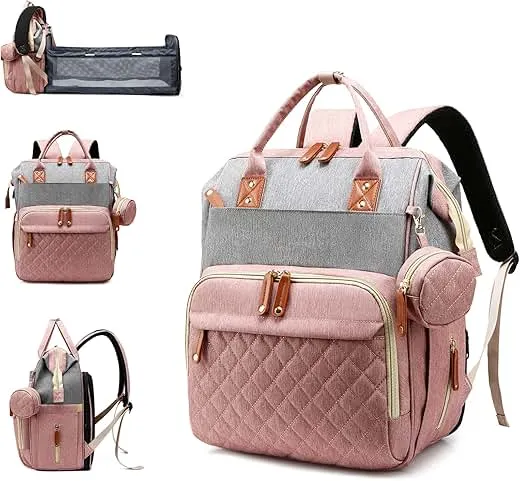 Lamroro Diaper Bag with Changing Station, Waterproof 3 in 1 Diaper Backpack with Foldable Changing Pad, Large Travel Backpack for Mom & Dad, Baby Gift for Baby Girl & Boy, Pink-Grey Lamroro Diaper Bag with Changing Stati…