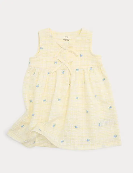 Pure Cotton Gingham Floral Dress with Bows (0–5 J.)