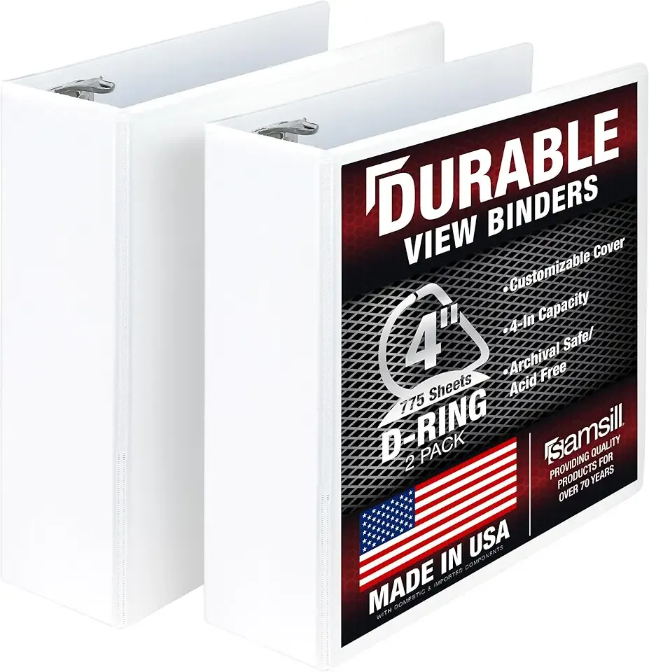 Samsill Durable 4 inch 3 Ring Binder, D Ring Binder, 100% Recycled Chipboard, White, 2 Pack