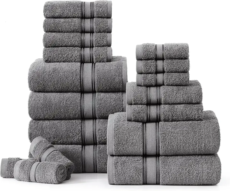 LANE LINEN 100% Mercerized Cotton Bath Towels Set of 18 – Zero Twist, 6 Bath, 6 Hand Towel & 6 Washcloths, Soft, Ideal for Spa Hotel & Home, Gentle on Body, Durable After Multiple Washes – Cool Grey
