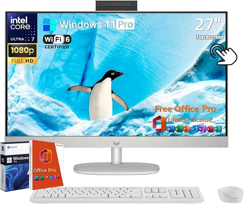 HP 27 All-in-One Desktop Computer, 27" FHD Touchscreen, Intel Ultra 7-155U(12-core), 64 GB DDR5, 4 TB SSD, Adjustable Angle, WiFi 6, Bluetooth 5.3, Windows 11 Pro, Microsoft Office Pro Lifetime