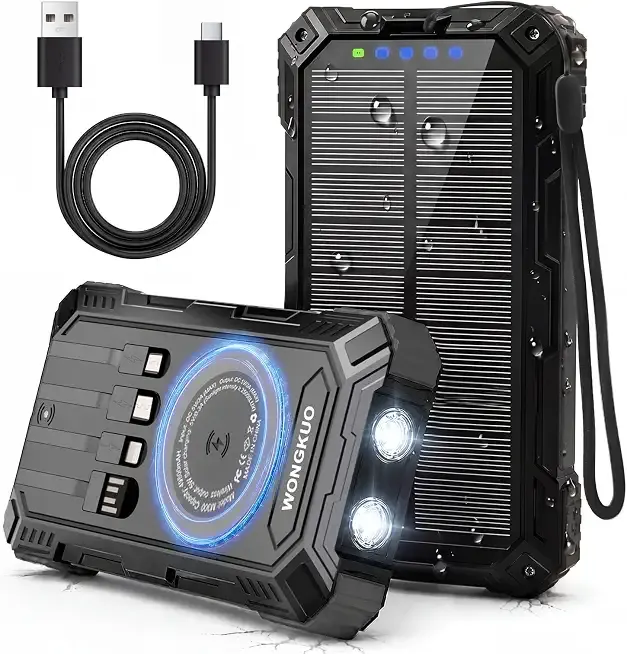 Solar Charger Power Bank - 49800mAh QC3.0 Fast Charging Portable Charger | 5V/3.1A Wireless Solar Battery Charger Built-in 4 Cables with USB C & Flashlight, Power 6 Devices for iPhone/Android (Black)