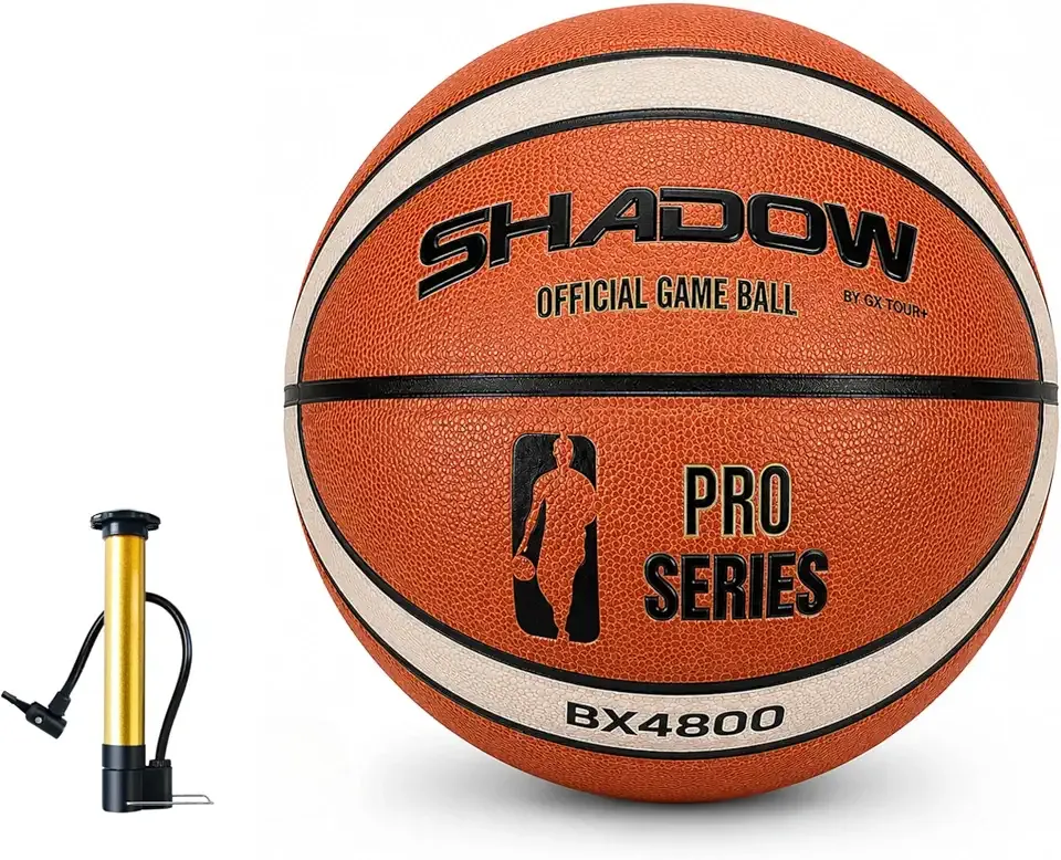 Shadow Pro Series BX4800 Basketball, Size 7, GST Leather, Orange and Cream, with Inflator Pump. Amazing Control and Texture