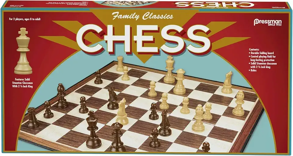 Family Classics Chess by Pressman - with Folding Board and Full Size Chess Pieces