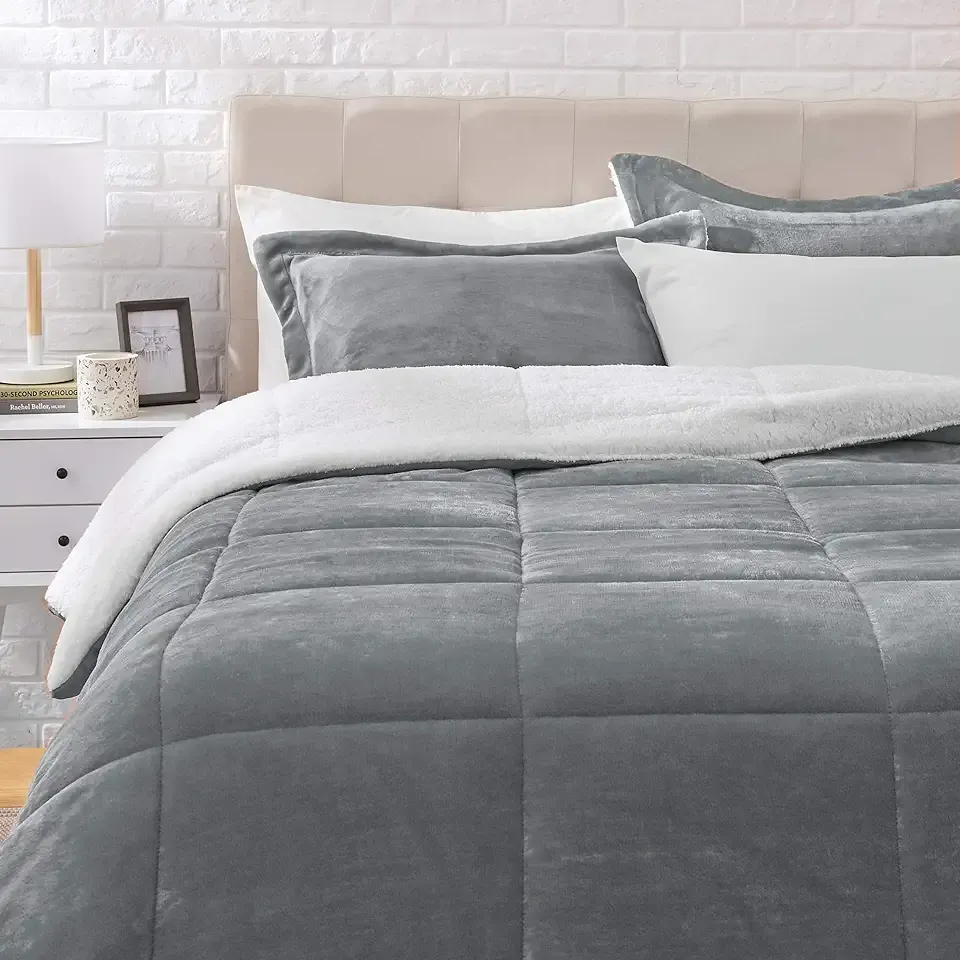 Amazon Basics 3-Piece Down Alternative Micromink Sherpa Bedding Set, Ultra-Soft, Warm All Season Comforter, Machine Washable, King, Charcoal