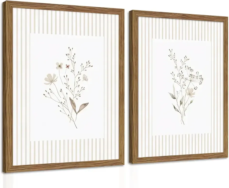 Neutral Wildflower Wall Art Set of 2, Vintage Flower Botanical Wall Decor Painting, Rustic Cottagecore Striped Floral Prints Pictures for Living Room Bedroom 12x16 Inch Framed