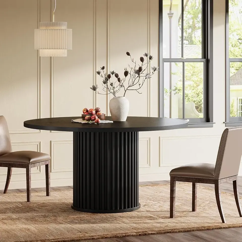 Tribesigns 47.24" Black Round Dining Table for 4-6 People | Modern Fluted MDF + Metal Base Kitchen Table, Sturdy Circle Dining Room Furniture, Easy Assembly, Black