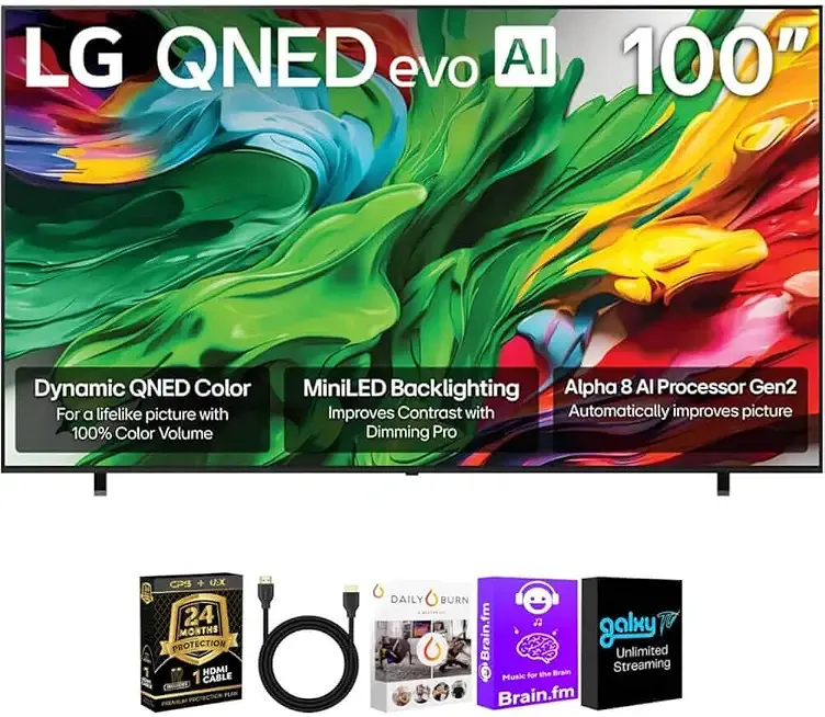 LG 100 Inch QNED85A Series 4K QNED evo AI Mini LED Smart TV Bundle | 100" 4K QNED evo AI Mini LED webOS TV with HDMI Cable, Streaming Bundle & 24-Month CPS Protection Plan.