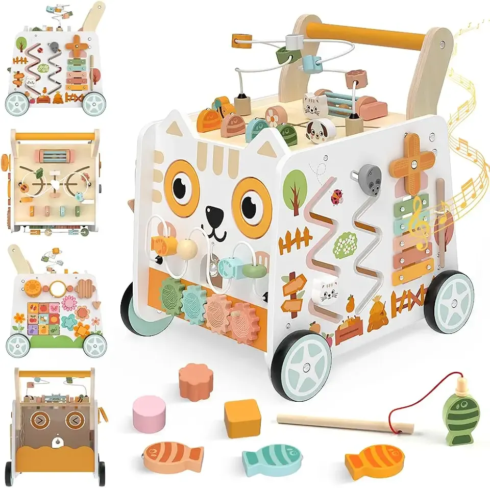Wooden Baby Walker, Baby Push Walker with Wheels, 16-in-1 Montessori Activity Center Bead Maze Shape Sorter Xylophone, Height Adjustable Walking Toy 12+ Months, 1 Year Old Birthday Gifts (Cat)