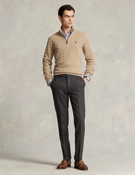 Cable-Knit Wool-Cashmere Half-Zip Sweater Brown