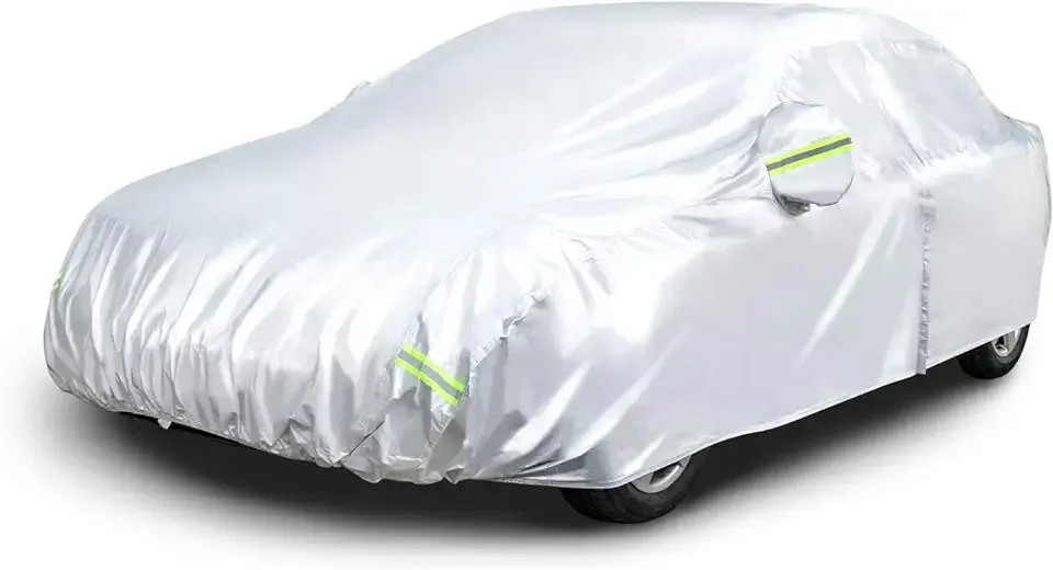Amazon Basics Silver Weatherproof Car Cover, 150D Oxford, UV Protection, Snow Protection, Dustproof for Sedans up to 200", with Door Zipper