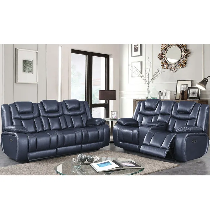 Apex Navy Leather Power Reclining Sofa and Loveseat with Drop Down Table, Console and Power Headrests