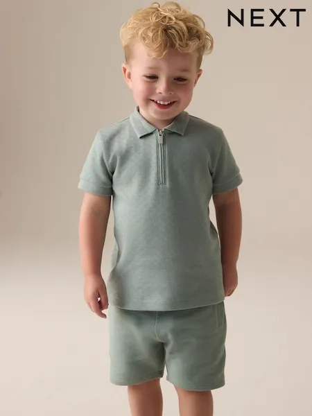 Navy Textured Short Sleeve Polo Shirt And Shorts Set (3mths-7yrs)
