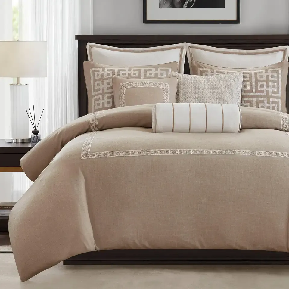 Madison Park Signature Oversized Queen Comforter Set, Luxury Hotel Style Bedding with Embroidered Details, All Season Down Alternative Comforter, Matching Shams & Decorative Pillows, Taupe, 8 Piece