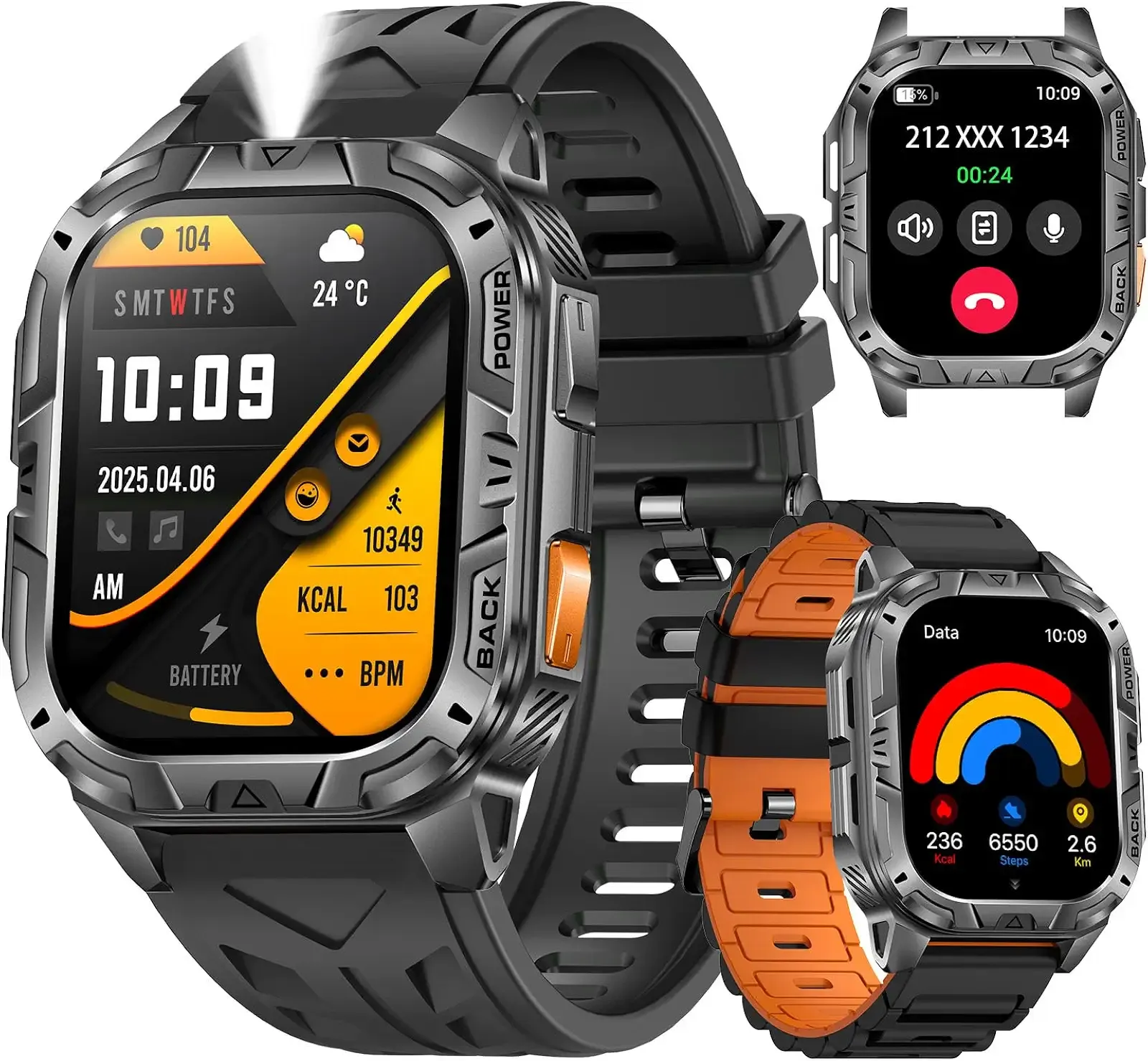 MIDDOW Military Smart Watch with LED Flashlight, 2.01" Display, Answer/Make Calls, Heart Rate Sleep Monitor, 900mAh Battery, IP68 Waterproof Fitness Tracker for Men Android iOS (2 Bands)