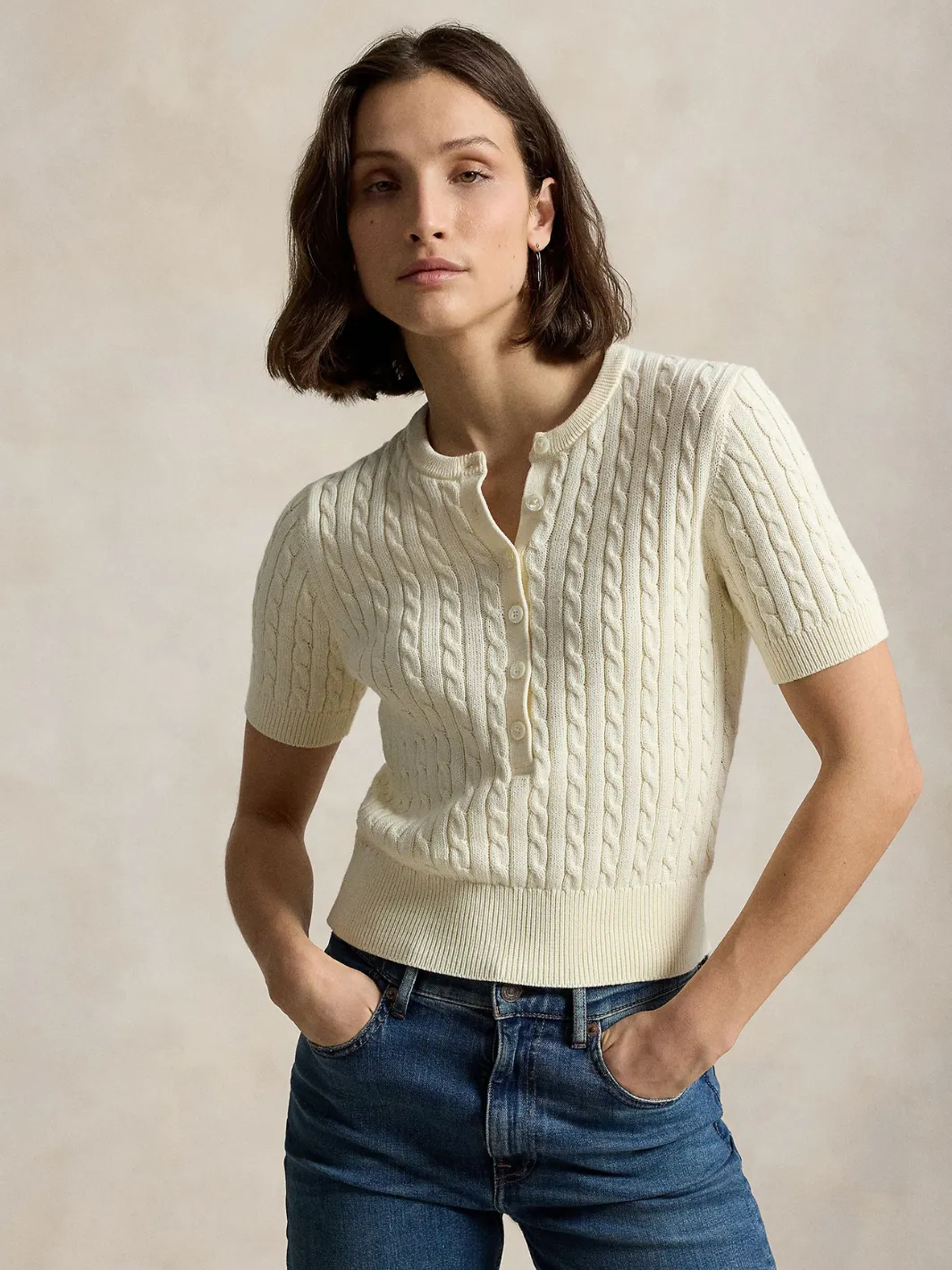 SHORT-SLEEVE HENLEY SWEATER