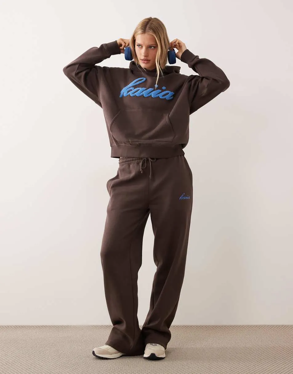 Kaiia exclusive cotton rich wide leg joggers co-ord in chocolate and blue