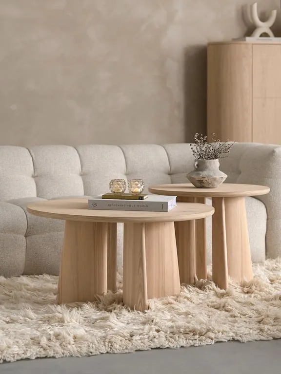 Japandi sofabord rundt Ø 85 H 45 cm Hvitoljet eikefiner