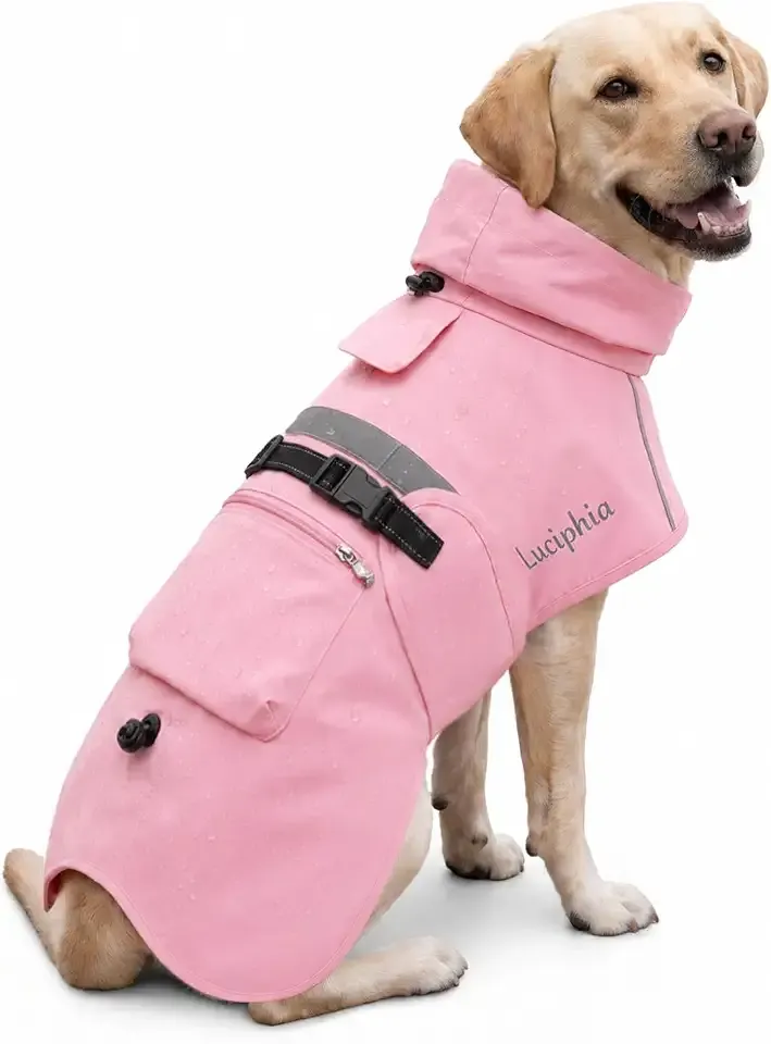 Luciphia Dog Raincoat, Adjustable Hooded Reflective Jacket with Pocket | Pink XX-Large dog rain jacket with leash hole, buckle-on, non-stick fur. For daily walks.