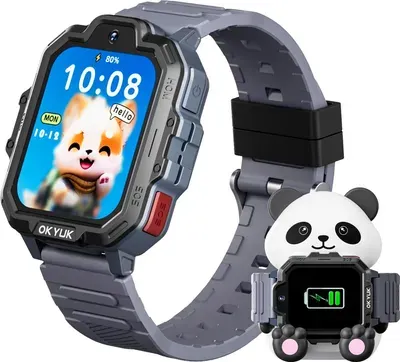 Smartwatch Kinder mit GPS, 4G Kinder Smart Watch mit Videoanruf, SOS Notruf, Sprachchat, SMS, Kamera, Wecker, Panda-Ladestation, Kinderuhr für Mädchen und Junge,Grau