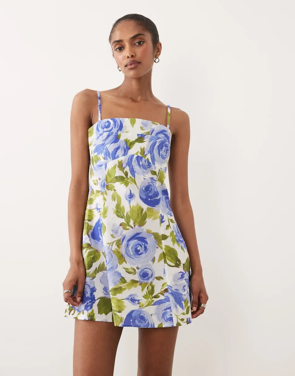 ASOS DESIGN cotton linen cami mini sundress with shaped bust in blue floral print