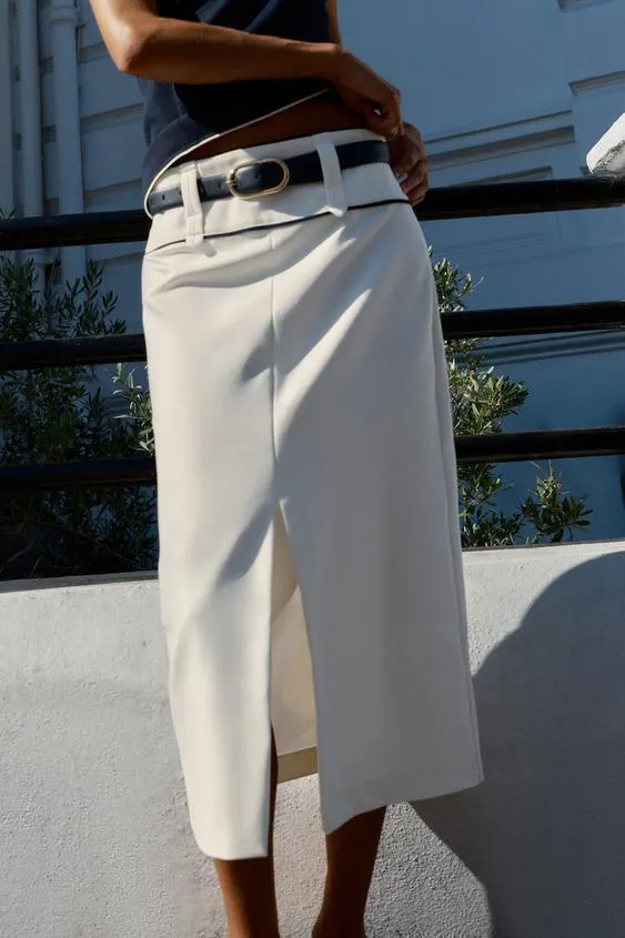 MIDI SKIRT WITH BELT AND CONTRAST PIPING