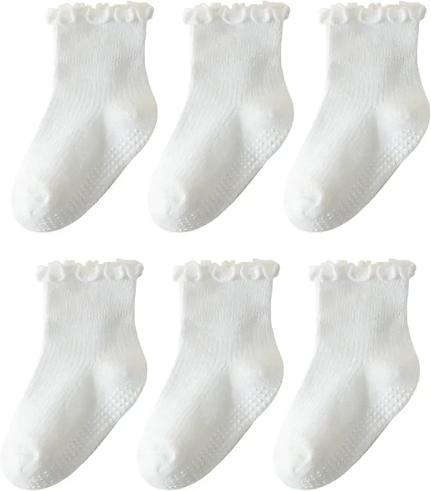 6 Pairs Toddler Ruffle Socks for Girls Baby Grip Socks Non Slip Socks Cute Grippy Frilly